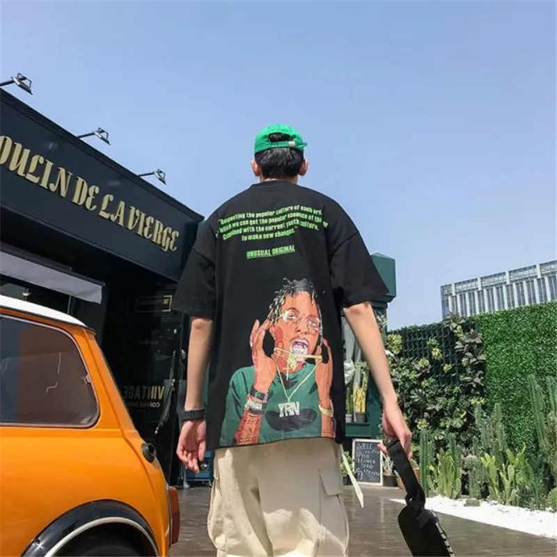 Harajuku футболка мужская летние хип-хоп футболки одежда в уличном стиле с принтом из мультфильмов футболки с коротким рукавом Повседневный Топ из хлопка - Цвет: Черный