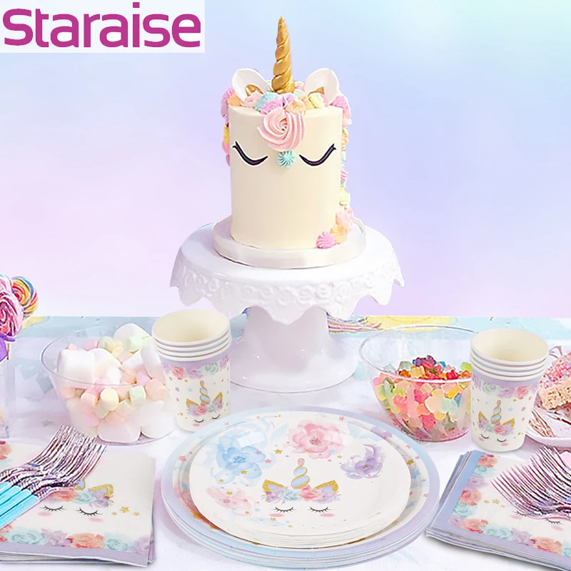 

Staraise Creative Happy Birthday Tableware Blue Purple Paper Plate Cup Napkin Cute Unicorn Party Tableware Party Supplies Props