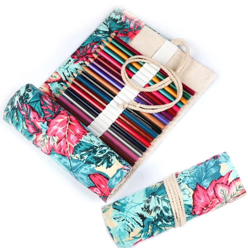 12/18/24/36/48 Holes Pencil Case School Canvas Roll Maple Leaf Large Pen Bag for Girls Boys Pencil Box Stationery Pouch Box