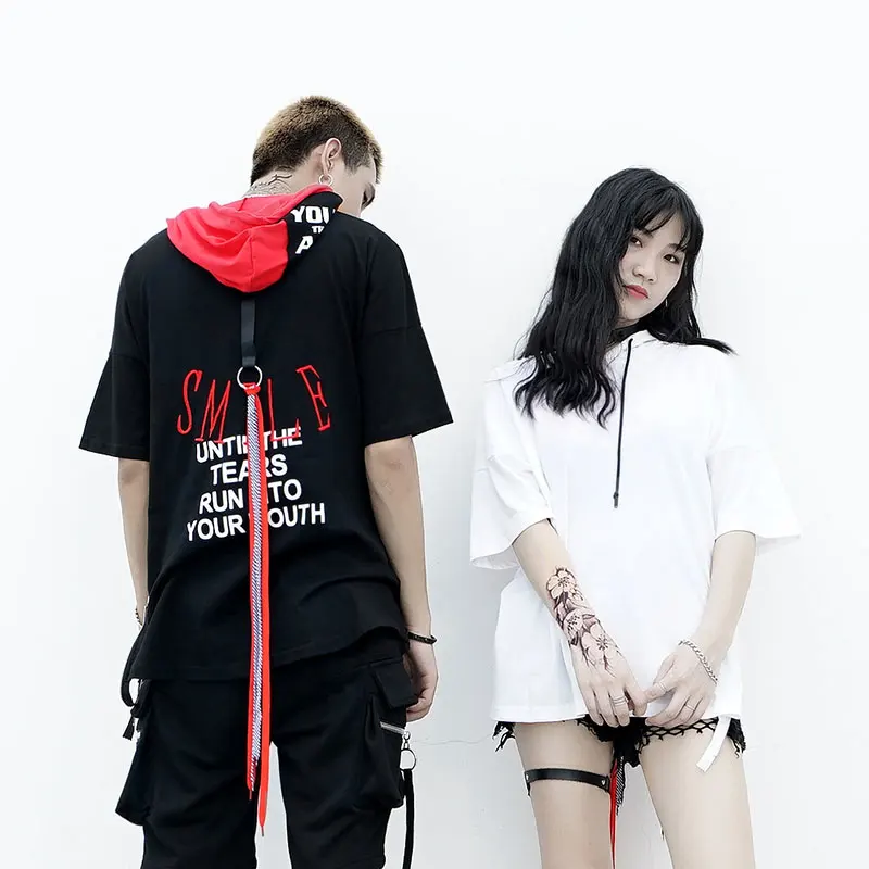 

Men autumn punk rock long sleeve t shirt hip hop hooded tee shirts women couple harajuku streetwear ribbons hipster swag clothes