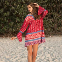 Saida De Beach Women’s 2019 Cover Up The Swimsuit Coverup Ladies Swimwear Woman Dress Clothes Long Sleeve Neck Loose Print Women