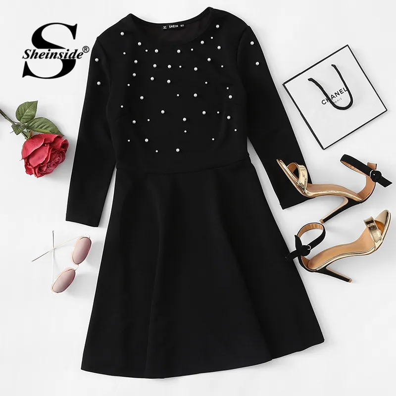 Cena Sheinside Pearl zdobione Party sukienka Zip dopasowanie i flary kobiet czarny 3 4 z długim rękawem sukienki typu skater Dress elegancka Mini sukienka