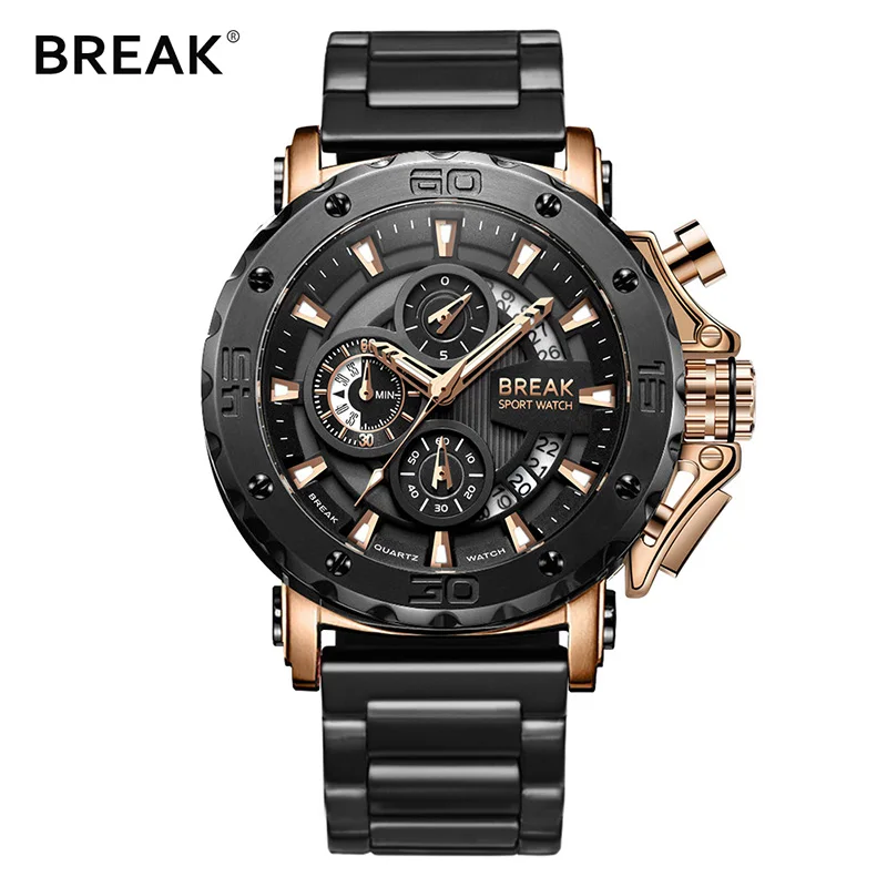 BREAK мужские кварцевые часы топ люксовый бренд браслет из нержавеющей стали повседневная мода хронограф светящийся бизнес спорт военные часы - Цвет: 5690-SBK-RG