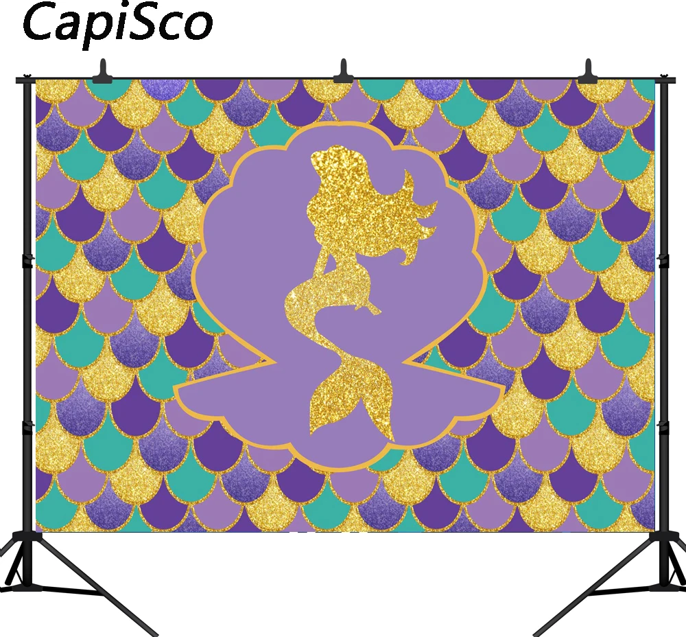 

Capisco photography backdrop golden mermaid shell scales princess birthday party photographic photo background photobooth