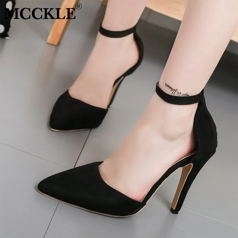 

MCCKLE Women Plus Size Ankle Wrap High Heels Spring Ladies Stilettos Pumps Flock Pointed Toe Zipper Party Shoes Thin Heel Sexy
