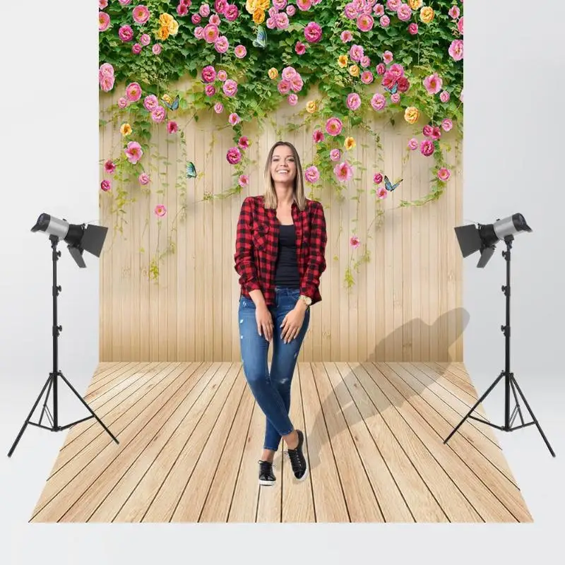 Тканевый фон для студийной фотосъемки с изображением деревянных досок цветов
