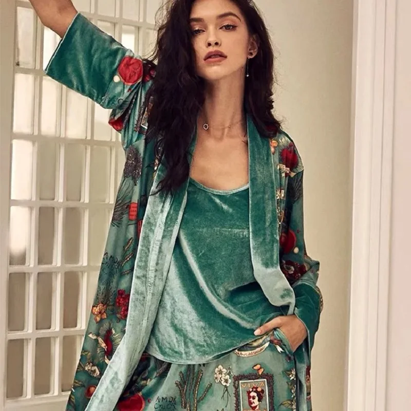 

Fashion Autumn Multicolor Print Velvet Women 3 Pieces Pajama Sets Winter Vintage Sexy Robe Sets Elegant Female Nightwear E2582
