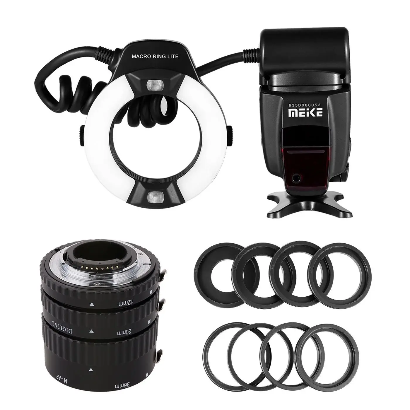 Meike Metal AF Macro Extension Tube + MK 14EXT TTL Ring Flash LED Light