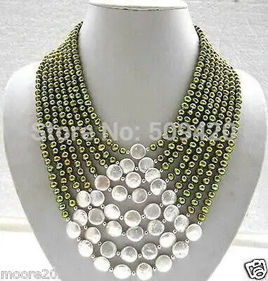 

~~ W&O667 >>Wedding jewelry charming 11-12mm white coins & green Fresh water pearl necklace
