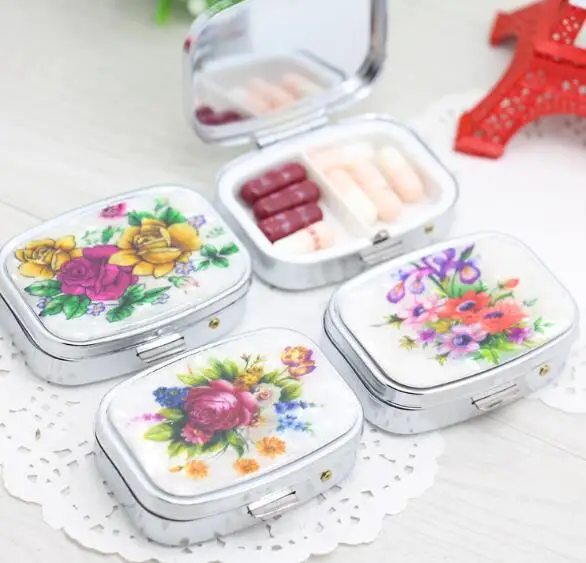 

1pcs Cosmetic Mirror Folding pill case with mirror drug Medicine Organizer Portable Pill Box Flower print Makeup Container