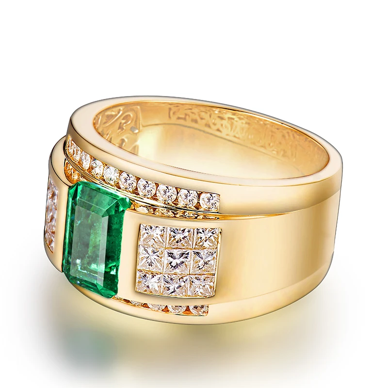 US $1.158.99 2020 Rings For Men Luxurious Natural Colombia Emerald Women Lovers Ring Real 14Kt Yellow Gold Wedding Genuine Diamonds Jewelry