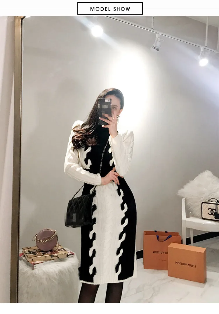 Женское вязаное платье-свитер SMTHMA, черно-белое корейское облегающее платье, зима