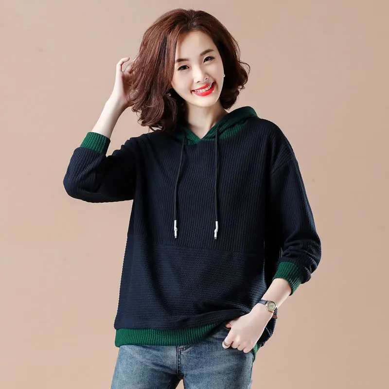 

L-5XL New Korean Version Spring Autumn Women's Plus Size Outwear Fashion Loose Long-sleeved Fleece Female Hooded Blouse