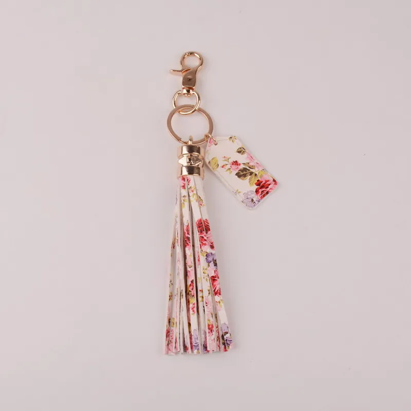 Кольцо держатель Ретро ювелирные изделия многоцветный цветок монограмма кожа кисточкой для женщин брелок сумка кулон сплав автомобильный брелок с принтом - Цвет: white pink
