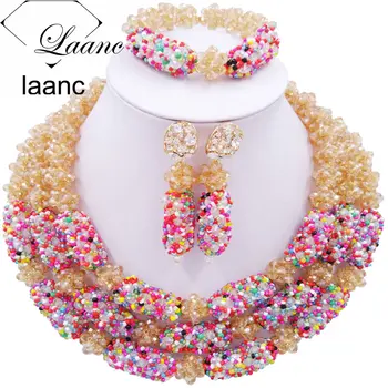 

Laanc Brand Champagne Gold Multicolor Nigerian Wedding African Beads Jewelry Set Crystal Bridal Jewely Sets XQJZ008