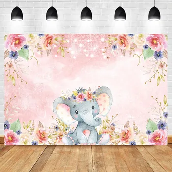 

Elephant Baby Shower Photography Backdrop Pink Flower Cute Animal Background Girl's Birthday Party Dessert Table Decorate Props