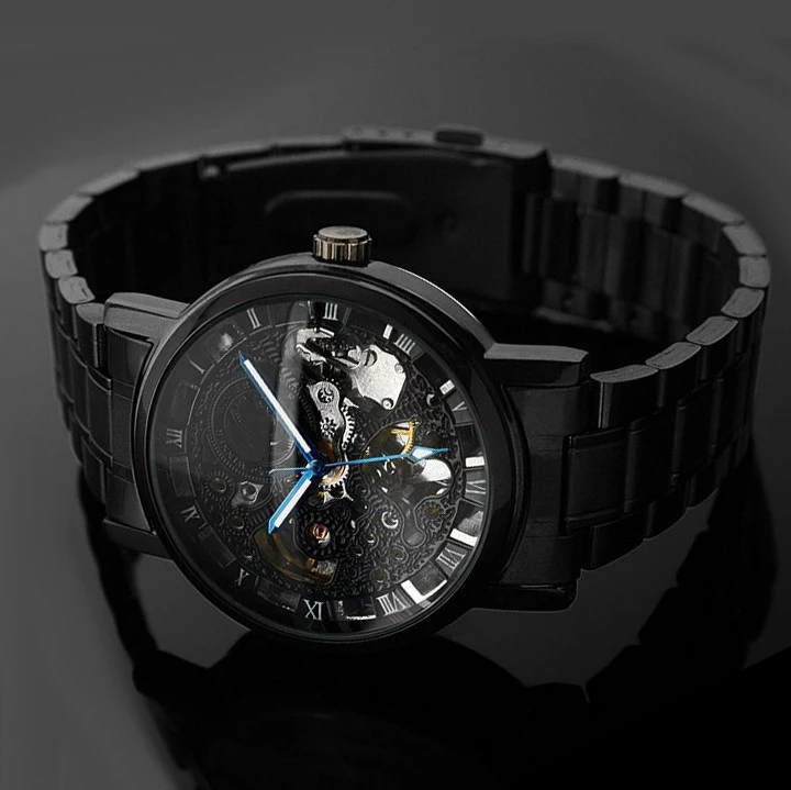 Мужские и женские механические часы, брендовые Роскошные наручные часы со скелетом из нержавеющей стали, модные повседневные часы с автоматическим заводом LZ2108 - Цвет: Черный
