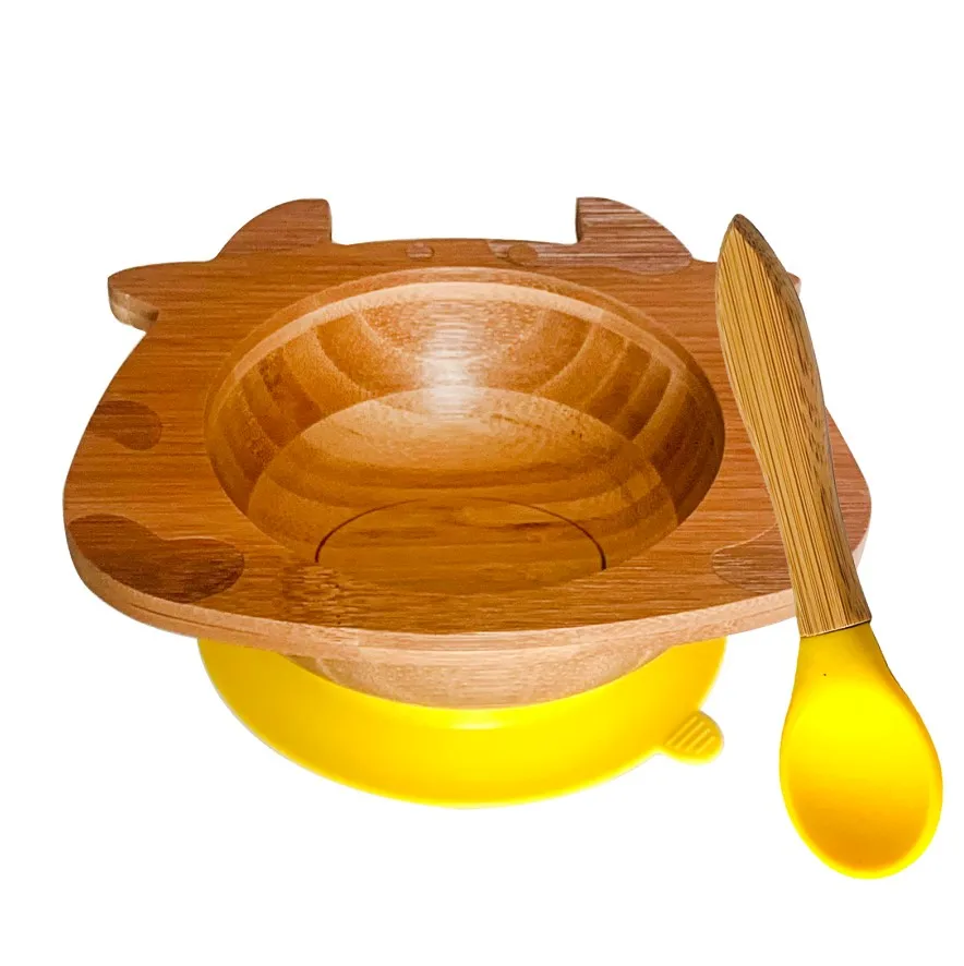 Миска на присоске из бамбука и силикона, детская Тарелка на присоске, Бамбуковая посуда для кормления детей, миска для кормления ребенка - Цвет: Yellow Bowl andSpoon