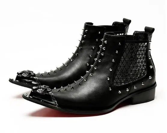 Estilo Botas Partido Hombres Occidental Etapa Estrecha Cortas Remaches Punta Para Bar Caballero Cuero qftU5Owax
