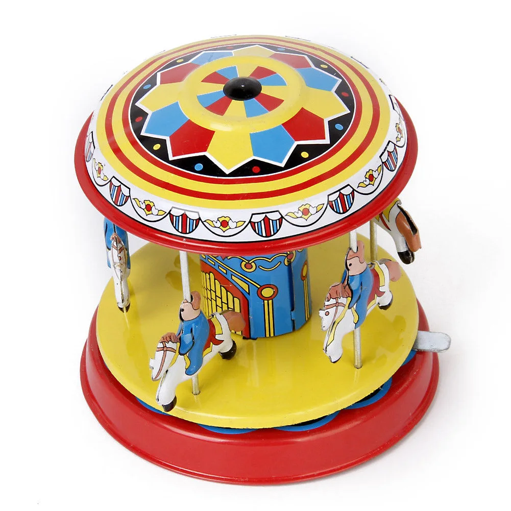 1PC Vintage Wind up Clockwork Carousel Rotating Art Crafts Collectible Toy Puzzles Assembly Model Gift For Kids