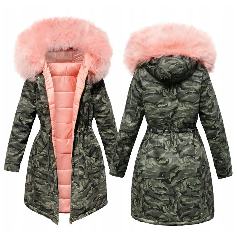 Зимнее пальто размера плюс, модное милое камуфляжное пальто с капюшоном и хлопковой подкладкой, длинное теплое толстое Женское пальто с подкладкой