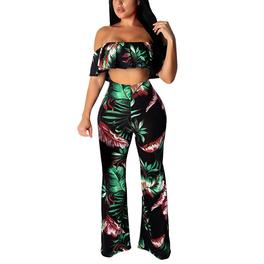 

Womail Set Women's Print Floral Ruffle Backless Off Shoulder Tops Bell-bottoms Pants Set Suit Sexy 2 Piece Set Women Jun 24