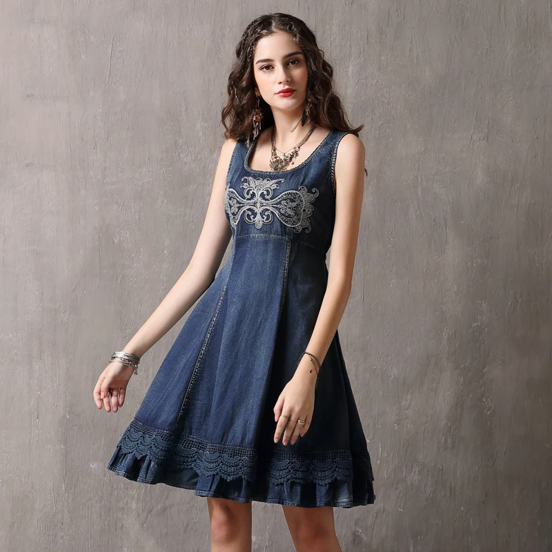 

Vintage Tank Mini Dress Women Summer O-Neck Vestidos 2019 New Ruffle Draped Jeans Dress Sexy Split Ladies Denim Dresses
