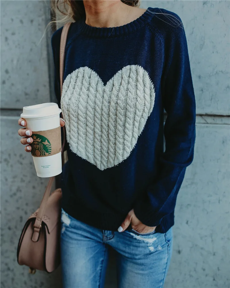 

2019 Women Pullovers Solid Sweaters Ladies Knitted Heart Sweater Winter Spring Female Long Sleeve Jumper Tops Casual Truien