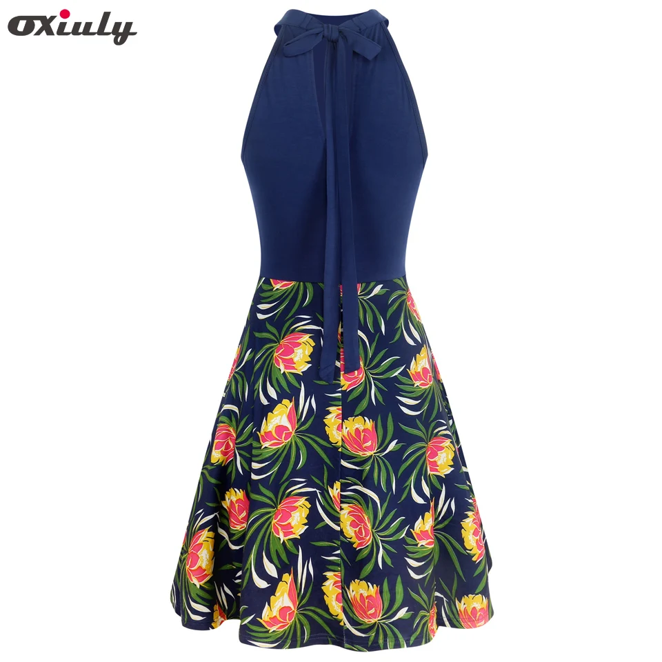Oxiuly Women's Halter Neck Boho Floral Print Casual Sleeveless Bodycon Hollow out Back A-Line Wrap Dress