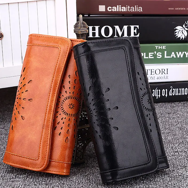 

New Hollow Out Pattern Retro Wallet Female Purse PU Leather Handbag Practical Women wallets and Purses Vintage Long Wallets