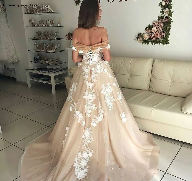 Romantic A Line Champagne Wedding Dresses Elegant Off Shoulder Backless Applique Tulle Long Bridal Gowns Lace-up Back BC1061  163 (5)