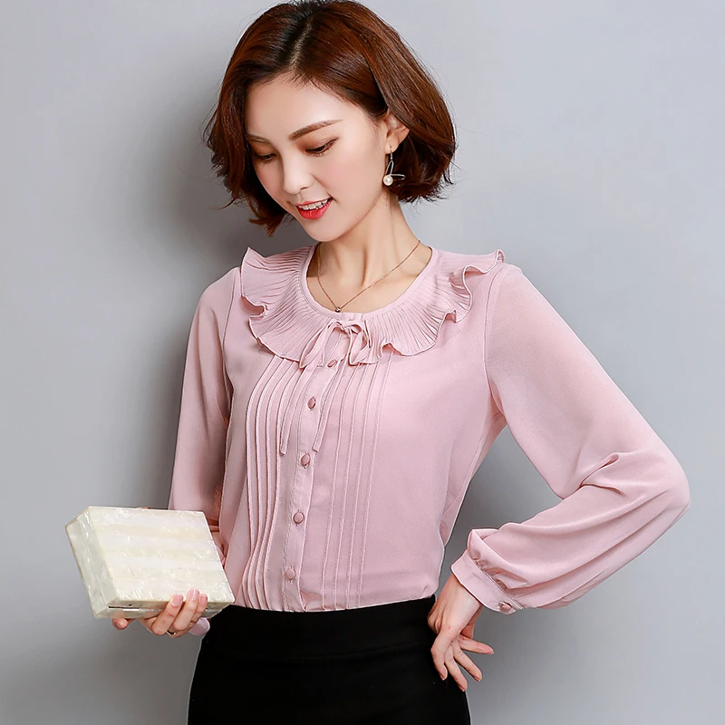 Achat Femme Automne 2018 Nouvelle Mousseline de Soie Blouse Chemise OL De Mode À Volants cou À Manches Longues Casual Blouses Bureau Plus La Taille 3XL Femmes Tops