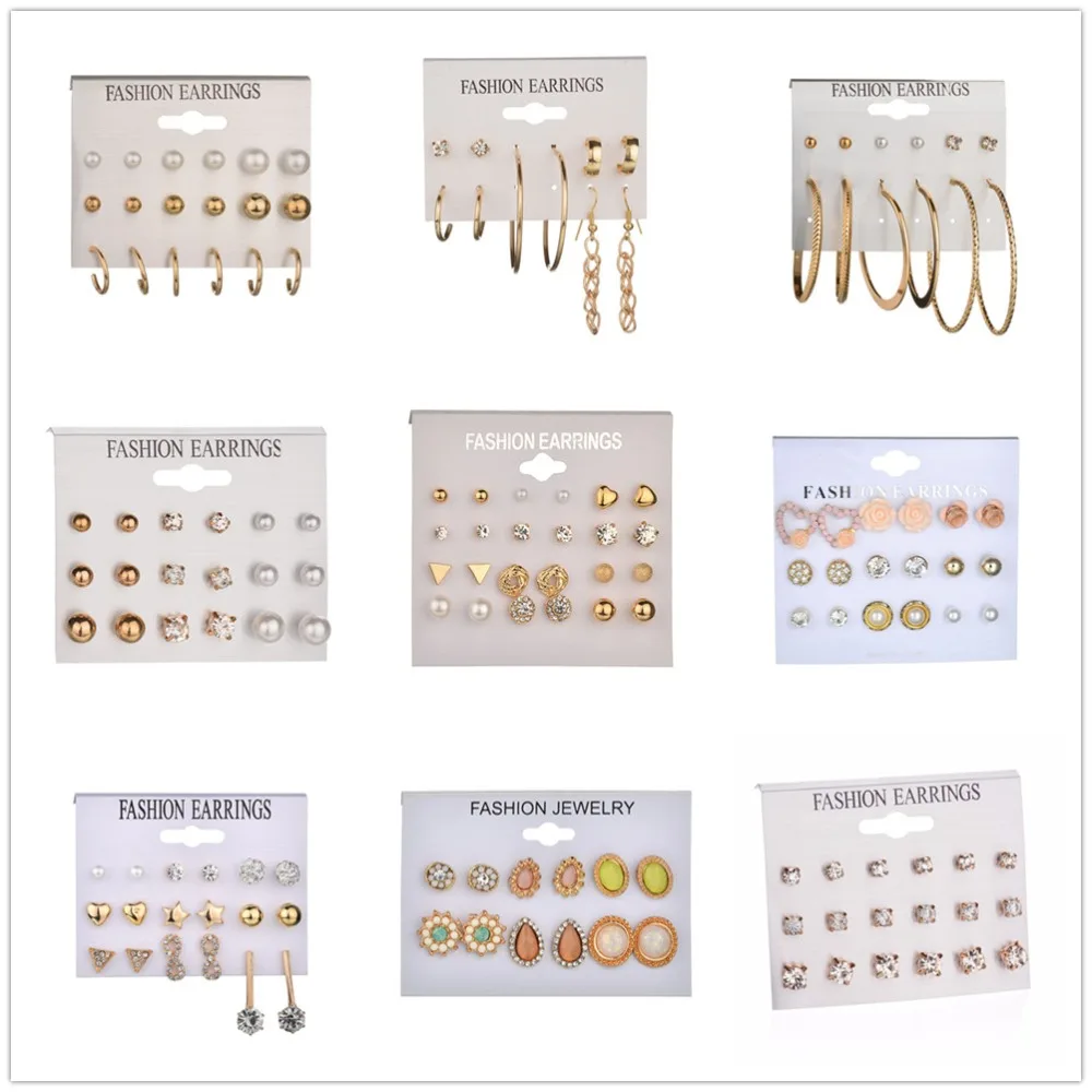 

Imixlot Multi Style Heart Flowers Infinite Symbol Stud Earrings Set 2018 New Rhinestone imitation Pearl Earrings for Women Gift