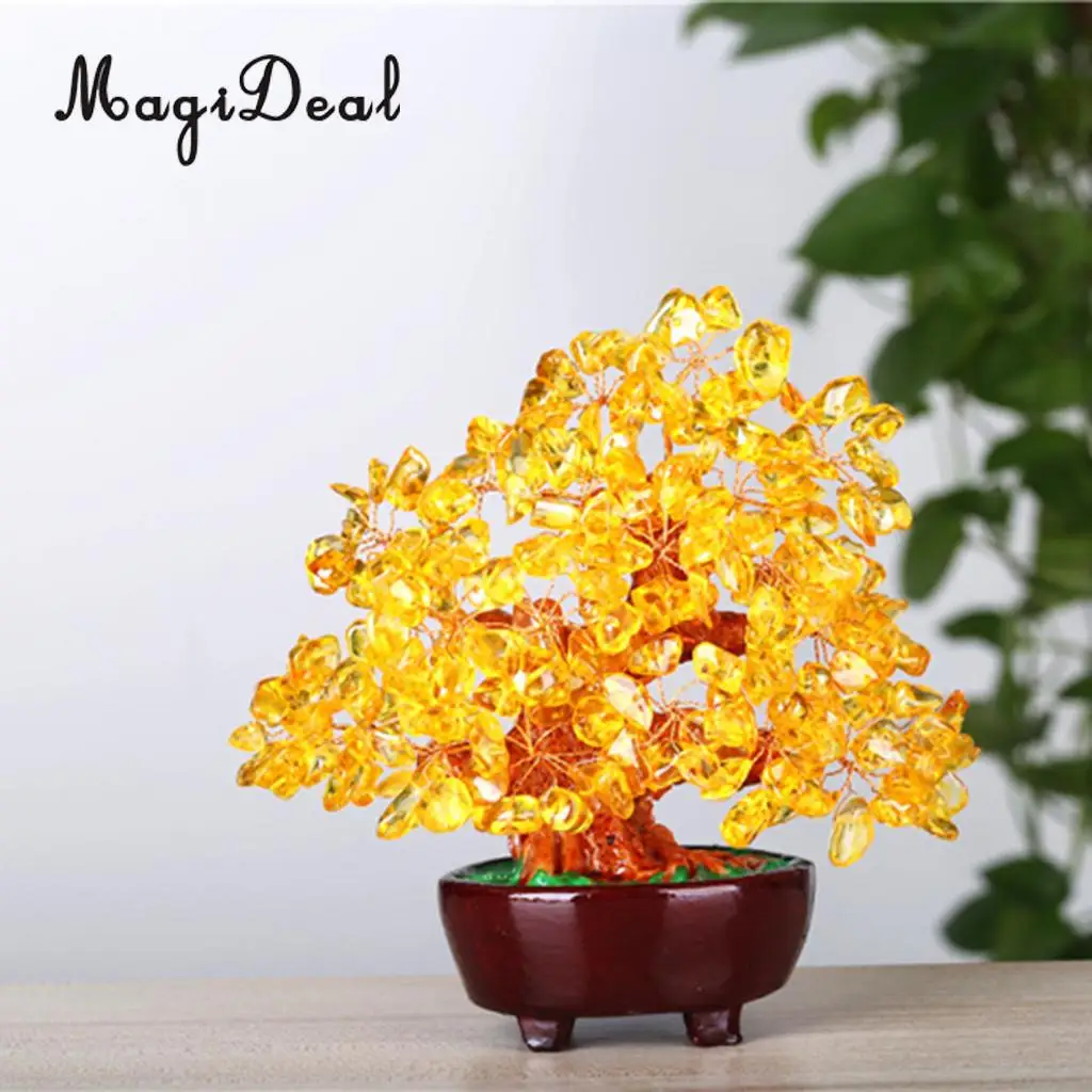 7'' Natual Crystal Money Tree Bonsai Style Feng Shui Wealth and Luck Tree -Yellow