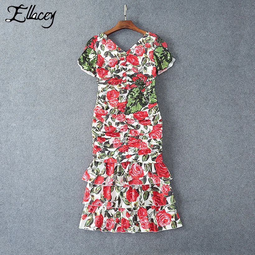 Wholesale Luxury Brand 2017 Summer Runway Sequin Dress Ruffles Bow Tropical Floral Printed Dresses Women Mermaid Beading Midi Dresses Buy Cheap Luxury Brand 2017 Summer Runway Sequin Dress Ruffles Bow Tropical Floral Printed Dresses Women Mermaid Beading Midi Dresses