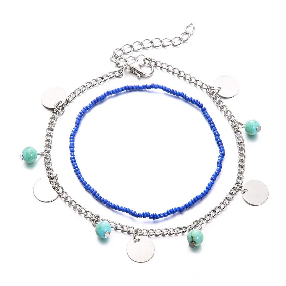 Silver chain 1 комплект, бохо, плетеная веревка, Маленькая подвеска-бусы, регулируемые эластичные браслеты на лодыжку для женщин, вечерние, пляжные, приморские платья, подарок на фестиваль - Окраска металла: Silver chain