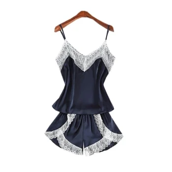 

Herislim Women's Sleepwear Silk Pajamas Sets Sexy Lingerie Lace Patchwork Cami and Shorts Two Pieces Summer Pyjamas Home Clothes