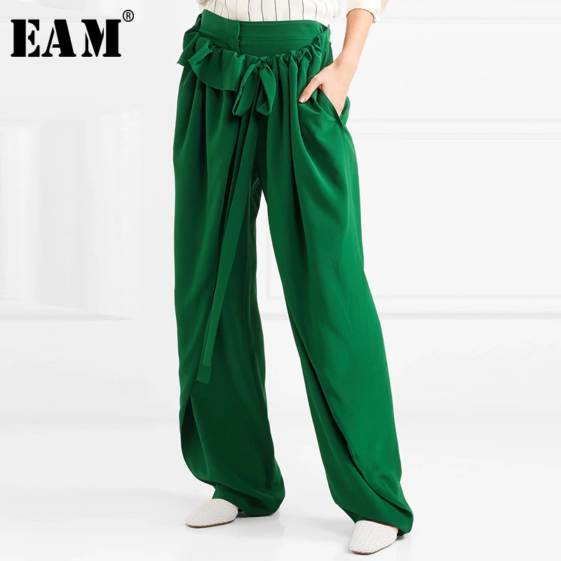 

[EAM] 2019 New Autumn Winter High Elastic Waist Black Ruffles Split Joint Loose Wide Leg Pants Women Trousers Fashion Tide JW823