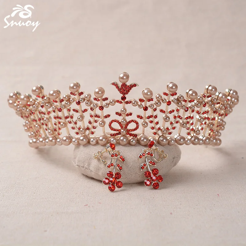

Snuoy Vintage Rose Gold Pearl Tiara Earrings set Red Rhinestone Crowns Tiaras for Women Diadem Queen Halo Prom/Wedding/Party