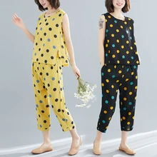 #0817 Sleeveless Tank Top And Harem Pants Women Two Piece Sets Polka Dot Printed Cotton Linen Loose Summer Outfits For Women #0817 Sleeveless Tank Top And Harem Pants Women Two Piece Sets Polka Dot Printed Cotton Linen Loose Summer Outfits For Women