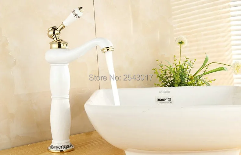 Античный медный латунный кран для раковины, столешница, высококачественный белый керамический кран с золотой отделкой, смеситель для ванной комнаты ZR572