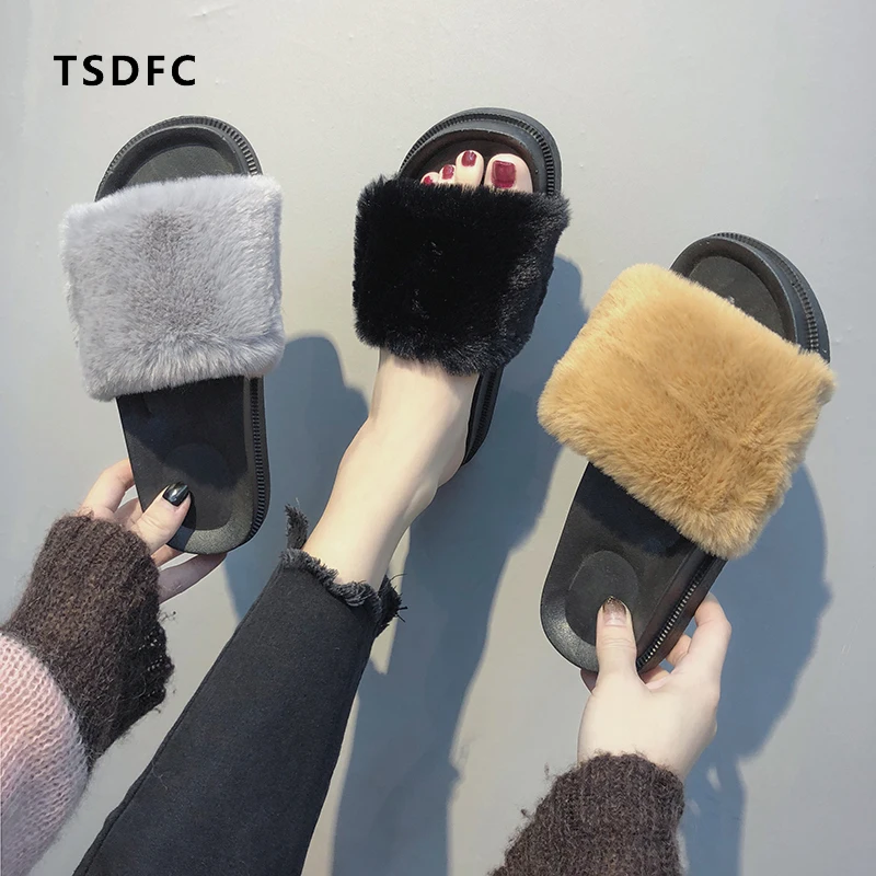 

2019 Women's Furry Slippers Ladies Cute Plush Fur Hair Fluffy Slippers Women's Fur Slippers Winter Warm Slippers for Women Hot