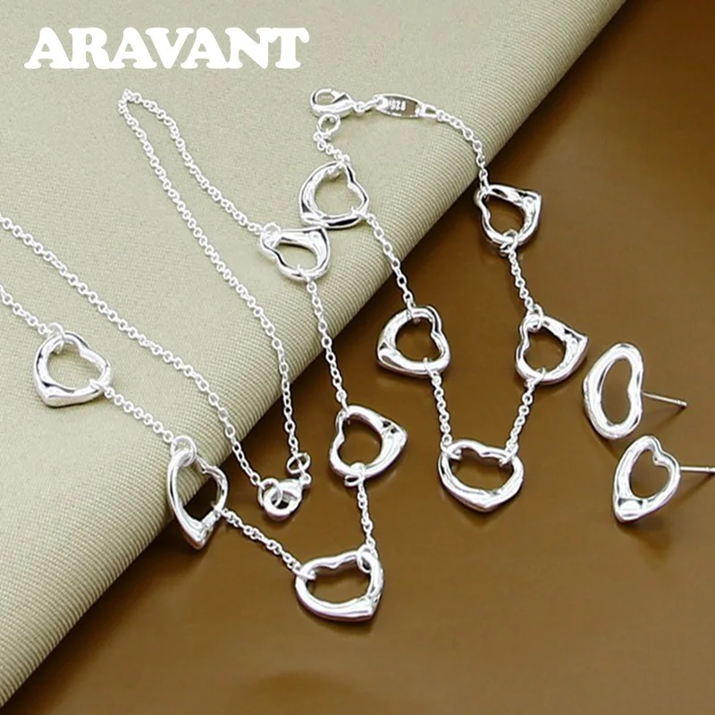

Wedding Jewelry Set 925 Silver Love Heart Necklaces Bracelets Stud Earrings Set For Women