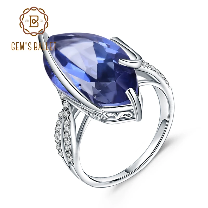 Gem's Ballet 925 Sterling Silver Gemstone Cocktail Ring 12.31Ct Natural Iolite Blue Mystic Quartz Rings For Woman Fine Jewelry |