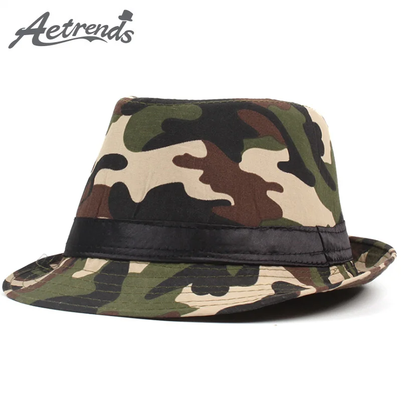 

[AETRENDS] 2018 New Summer Camouflage Fedora Hat Jazz Cap Beach Panama Hats for Men Women Derby Bowler Fedoras Hat Z-6386
