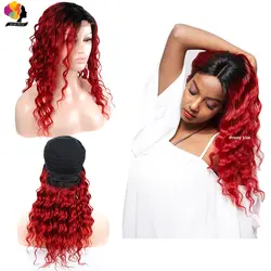 Ombre 1B красный парик перуанский Свободные глубокая волна синтетические волосы на кружеве человеческие парик с плотностью 150% плотность