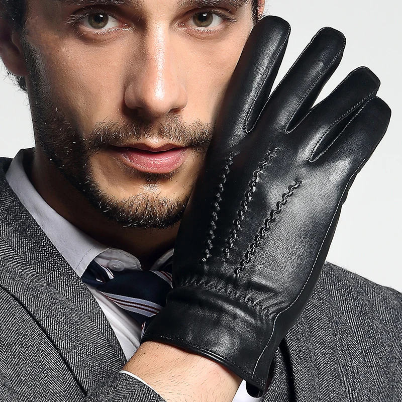 Genuine Leather Gloves Male Fashion Trend Warm Black Brown Men Sheepskin Gloves Five Finger Driving Glove 8808