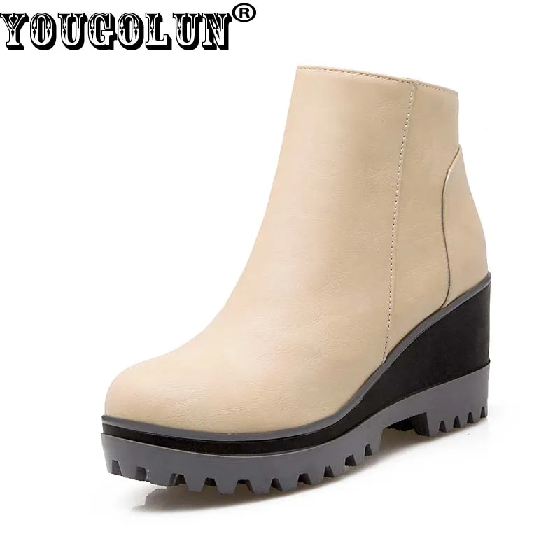 

YOUGOLUN - Women Ankle Boots Autumn Spring Wedges Heel 7.5cm Short Plush Black Square Heels Shoes #Y-138