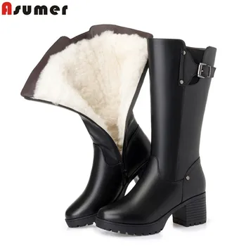 

ASUMER 2020 New genuine leather women's winter boots squre heel thick wool fur snow boots ladies fashion knee high boots shoes
