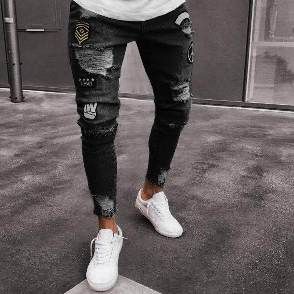 New Black Ripped Jeans Men 2018 Brand Casual Wash Cotton Distressed Jeans Homme Hip Hop Fashion Embroidery Hole Jeans Pants 3XL